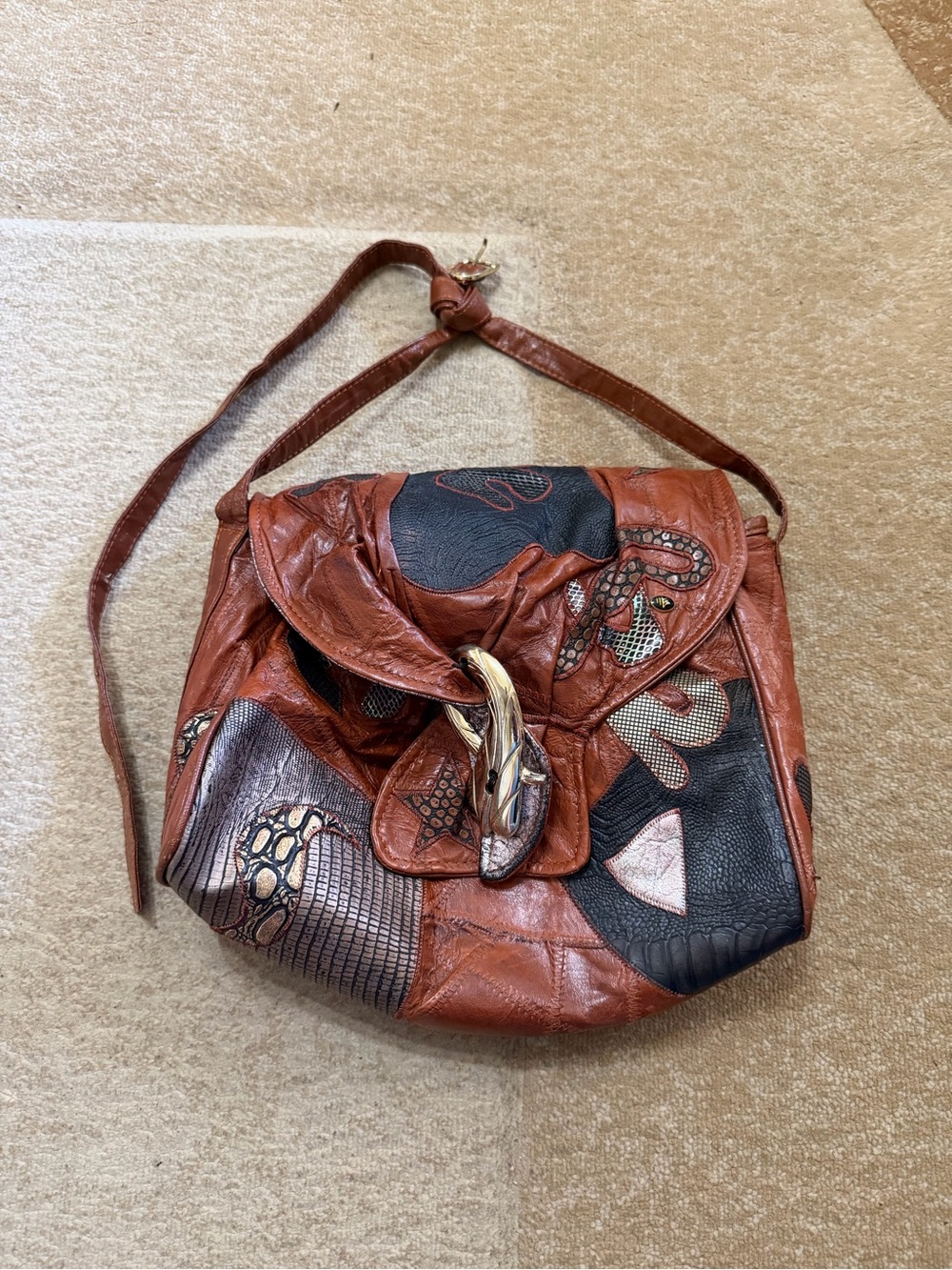 Brown Patchwork Genuine Leather Shoulder Bag Western Boho Buckle Purse